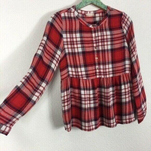 Altar’d State Red Plaid Button Front Peplum Flannel Shirt Long Sleeve Boho Small - Picture 2 of 6